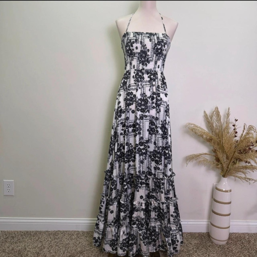 The Sang Size S Black & White Floral Smocked Backless Tiered Maxi Dress